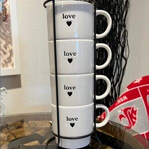 White Stacking Mugs with Black Love Print